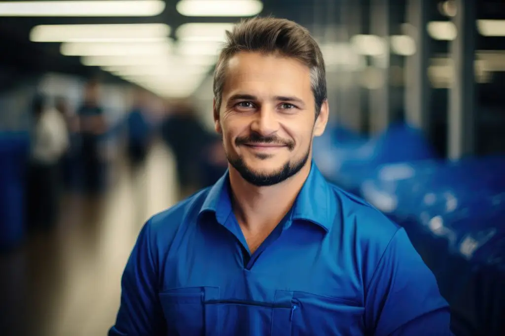 a smiling man in a blue shirt